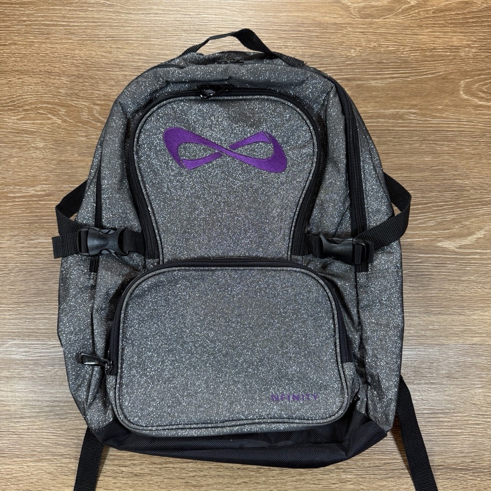 NFINITY Cheer Backpack Gray Glitter School Bag Purple Logo Travel Bag NWOT